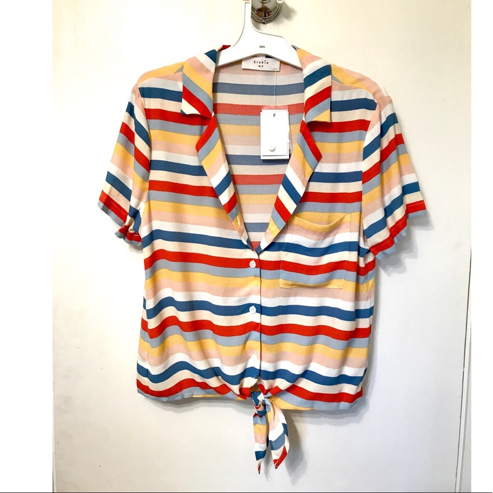 NWT Elodie striped short sleeve front tie top